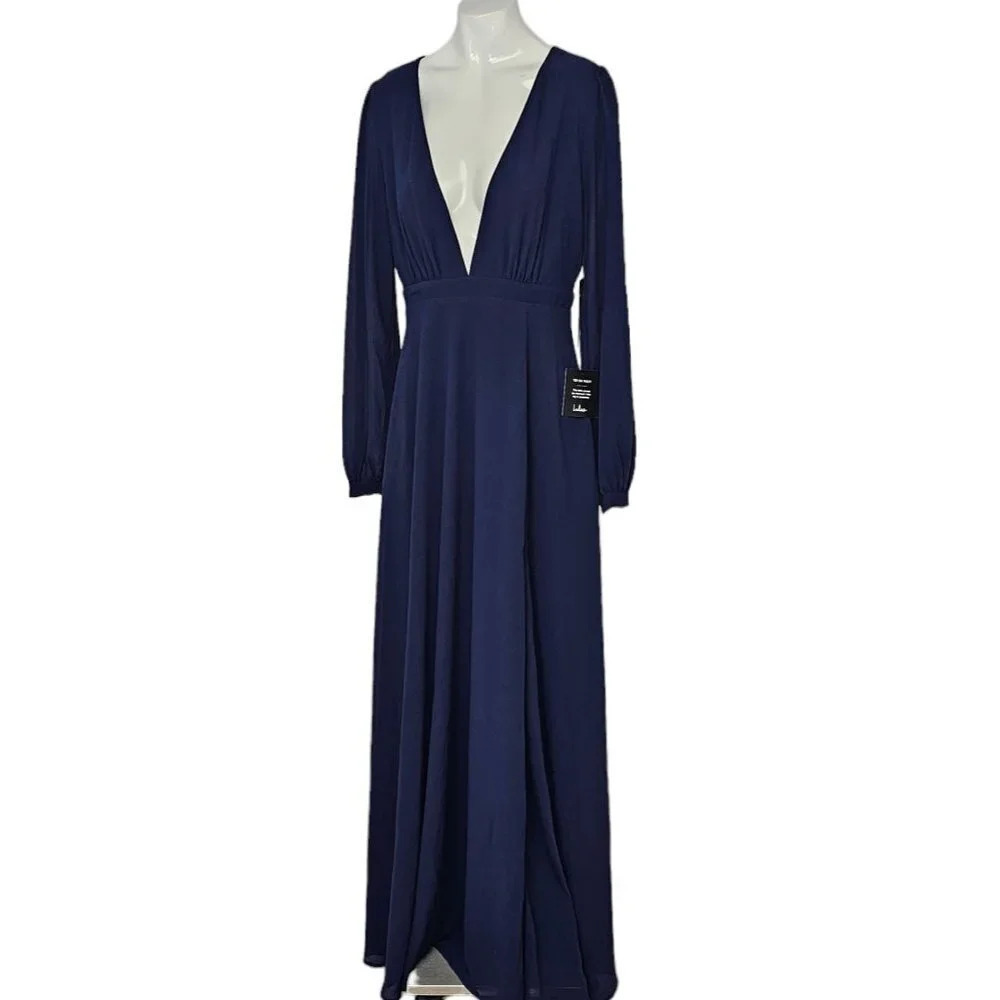 Lulu's All My Life Navy Blue Long Sleeve Maxi Dress Size XS NWT Chiffon V-Neck - Picture 6 of 11